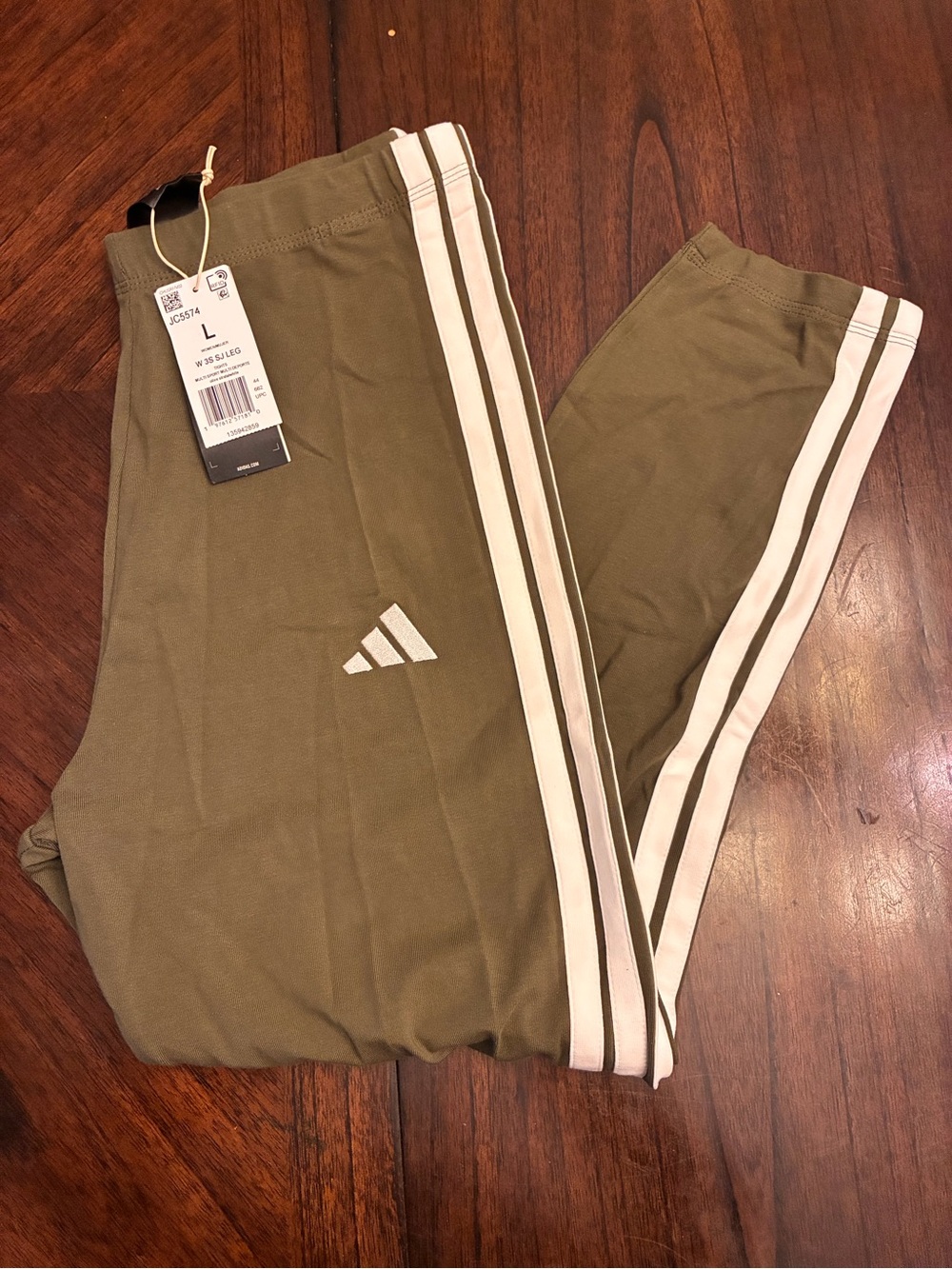 Adidas Womens 3-Stripes Single Jersey Sportswear Leggings, Olive Strata/White, L